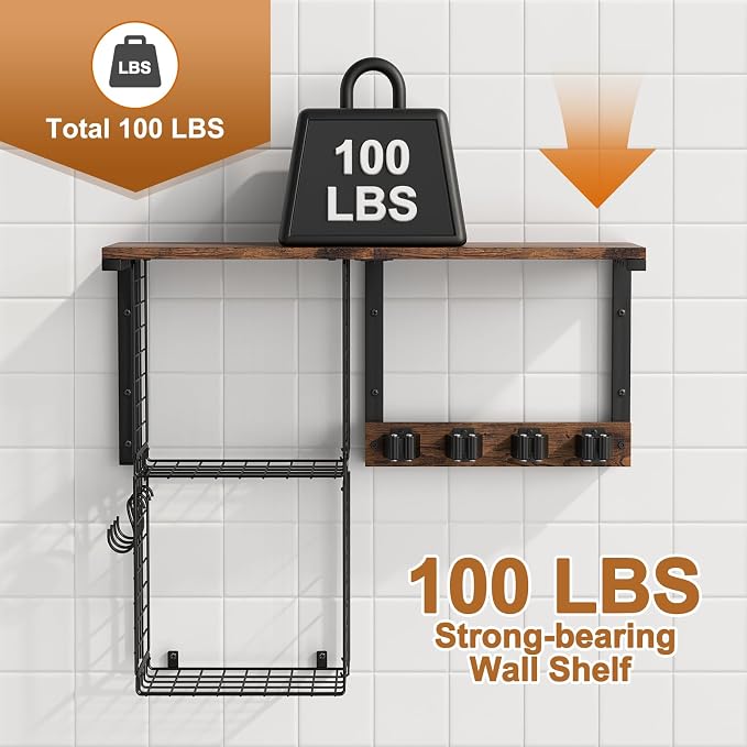 Housolution Wall Mount Broom Holder Laundry Room Storage Organizer Shelves | Thickened Metal Frame, 100 LBS High Load-Bearing, Large Capacity, Multifunctional with 2 Baskets, 4 Grippers & Hooks - Image 4