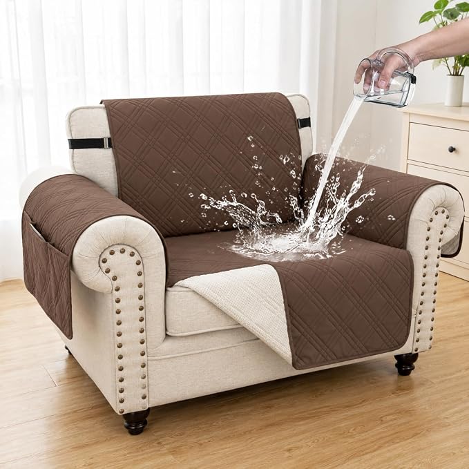 100% Waterproof Couch Cover for Dogs, Anti-Slip Washable Sofa Cover with Elastic Straps & Side Pockets, Durable Furniture Protector for Kids, Pets & Dogs (Armchair 23", Darkbrown) by Unknown