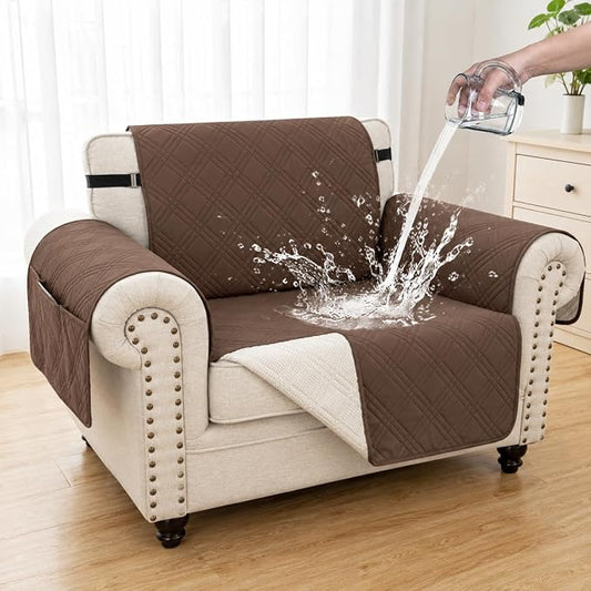 100% Waterproof Couch Cover for Dogs, Anti-Slip Washable Sofa Cover with Elastic Straps & Side Pockets, Durable Furniture Protector for Kids, Pets & Dogs (Armchair 23", Darkbrown) by Unknown