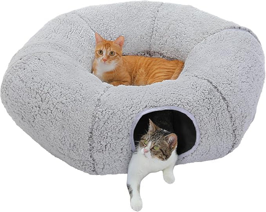PEQULTI Cat Tunnel with Bed for Indoor Cats, Cat Play Donut Tunnel with Washable Soft Plush Mat, Round Cat Tunnel Toys Cute Cat Tube for Kittens, Puppies, Rabbits and Ferrets, Grey by PEQULTI