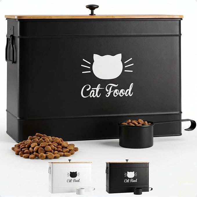 Metal Cat Food Container with Scoop, 15lb (50 Cup) w/ Airtight Bamboo Lid | 15 lb / 50 Cup Capacity, 1 Cup Metal Scoop, Durable Powder Coated Iron Body, Rubber Lined Bamboo Lid, Sturdy Metal Handles by HBDesignCo