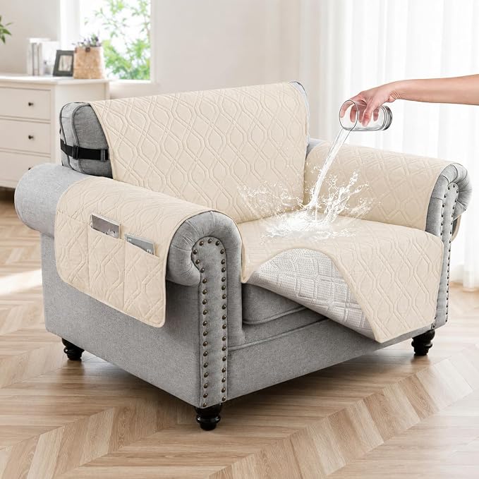 100% Waterproof Couch Cover, Straps&Pockets,pet Friendly,23" Beige | Washable sofa cover, pet-friendly, scratch-resistant furniture protector, quilted sofa cover, reversible, non-slip backing. by Unknown