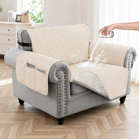 100% Waterproof Couch Cover, Straps&Pockets,pet Friendly,23" Beige | Washable sofa cover, pet-friendly, scratch-resistant furniture protector, quilted sofa cover, reversible, non-slip backing. by Unknown