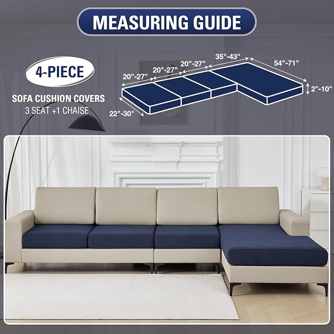 Couch Cushion Covers for Sectional Sofa Stretch Sofa Slipcovers Washable Wear-Resistant Sectional Couch Covers L Shaped Seats Furniture Protectors for Pets(Navy, 3 Seater+1 Chaise) - Image 2
