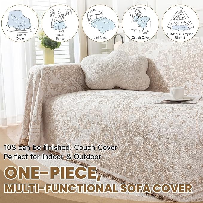 ROOMLIFE Beige Couch Covers for Sofa, Sofa Covers Washable Non Slip Furniture Protector Couch Sofa Covers for 3 Cushion Couch, Breathable Sofa Slipcovers Couch Cover Blanket with Tassels 71" X 118" - Image 5