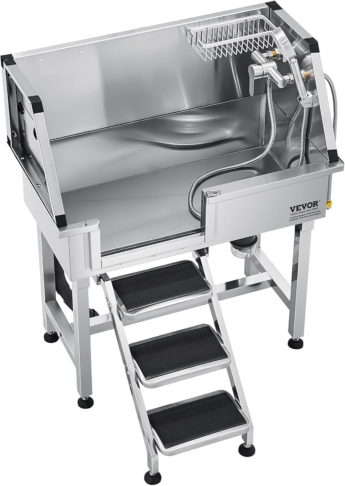 VEVOR Professional Dog Washing Station, 34 Inch Stainless Steel Pet Grooming Tub with Hot Cold Faucet, Adjustable Showerhead, Non-Slip Stairs & Side Sink, for Small to Medium Dogs and Cats (Left Door) - Image 10