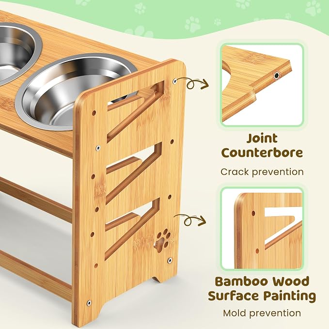 Elevated Dog Bowls, Adjustable Raised Dog Bowl Stand for Large and Medium Pet, 15" High Bamboo Pet Food Feeder with 2 Stainless Steel Dishes（6 Heights） - Image 5