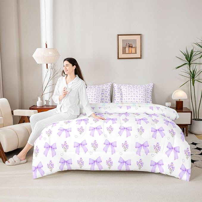 Erosebridal Bow 7 Piece Comforter Set Full Bed in a Bag for Girls Kids,Purple Bowtie Floral Coquette Bedding Sets Bowknot Ribbon Heart Duvet Insert Dreamy Princess Style Sheet Set with Comforter - Image 4
