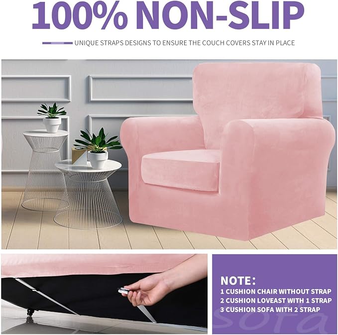 ZNSAYOTX Oversized Velvet Couch Cover 4 Piece (92"-115") Stretch Sofa Covers for 3 Cushion Couch Thick Soft XL-Slipcover with Non Slip Strap, Dog Pet Friendly Nice Furniture Protector (Rose) - Image 5