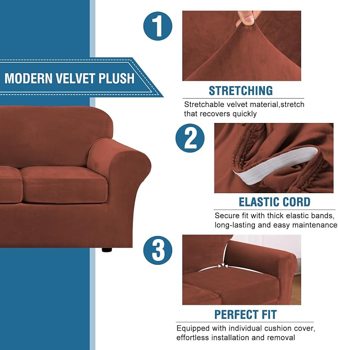 H.VERSAILTEX Real Velvet Plush 3 Piece Stretch Sofa Covers Couch Covers for 2 Cushion Couch Sofa Slipcovers (Base Cover Plus 2 Large Cushion Covers) Thick Soft Stay in Place (Large Sofa, Rust - Image 3