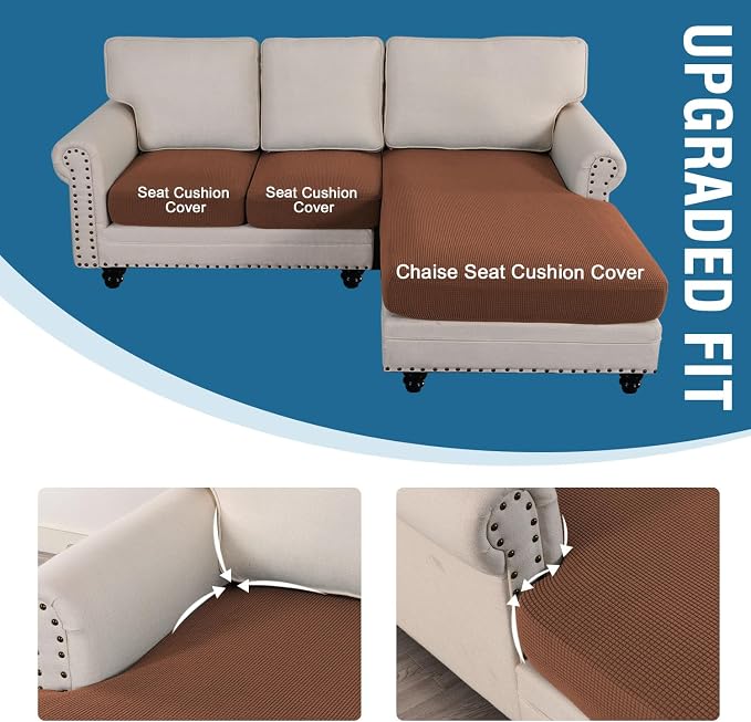 H.VERSAILTEX Sectional Couch Covers 3 Pieces Sofa Seat Cushion Covers L Shape Separate Cushion Couch Chaise Cover for Both Left/Right Sectional Couch (Seat Only: 1 Chaise + 2 Sofa, Caramel) - Image 4