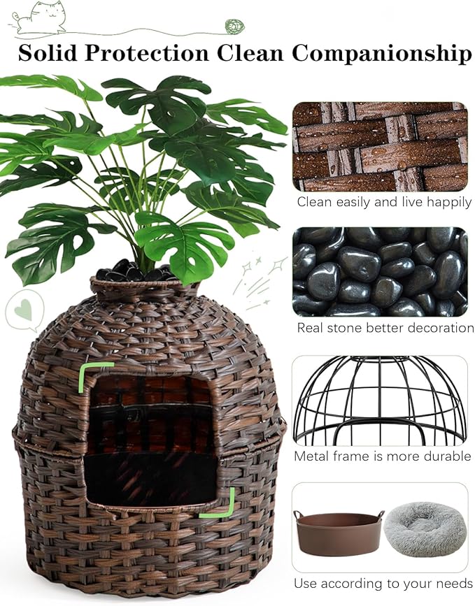 SETVSON Cat Litter Box Plant Furniture Enclosure, PE Rattan House, Brown | Decorative Planter Design, Removable Top for Easy Cleaning, Built-in Litter Box, Compact 20x20x38.97 Inches, PE Rattan House - Image 3