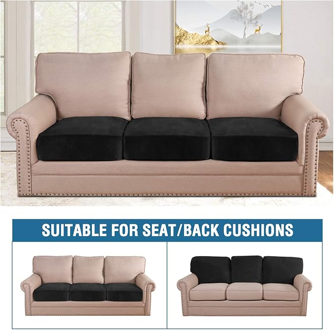 H.VERSAILTEX Velvet Stretch Couch Cushion Cover Plush Cushion Slipcover for Chair Loveseat Sofa Cushion Furniture Protector Seat Cushion Sofa Cover (3 Piece XL Sofa Cushion Covers, Black) - Image 3