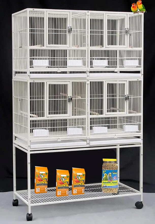 Combo Sturdy Wrought Iron Breeding Double Stacker Center Divided Breeder Bird Flight Double Rolling Cage with Side Breeding Nest Box Doors Lockable Rolling Wheels by Mcage