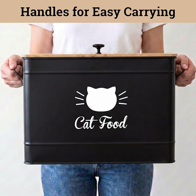Metal Cat Food Container with Scoop, 15lb (50 Cup) w/ Airtight Bamboo Lid | 15 lb / 50 Cup Capacity, 1 Cup Metal Scoop, Durable Powder Coated Iron Body, Rubber Lined Bamboo Lid, Sturdy Metal Handles - Image 8