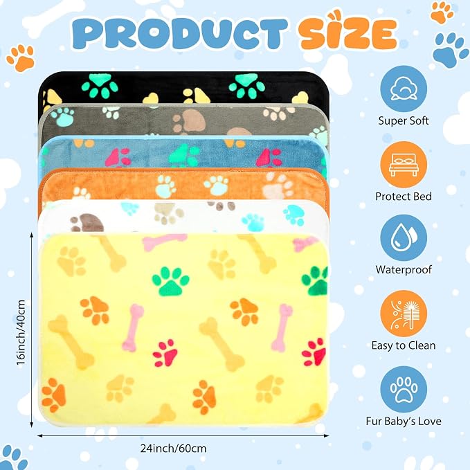 Tegeme 6 Pcs Waterproof Dog Blanket 24 x 16 Inch Paw Print Pet Blanket for Dogs Cats Puppy Washable Soft Fluffy Fleece Rug Flannel Throw Warm Sleep Mat for Kitten Doggy - Image 2