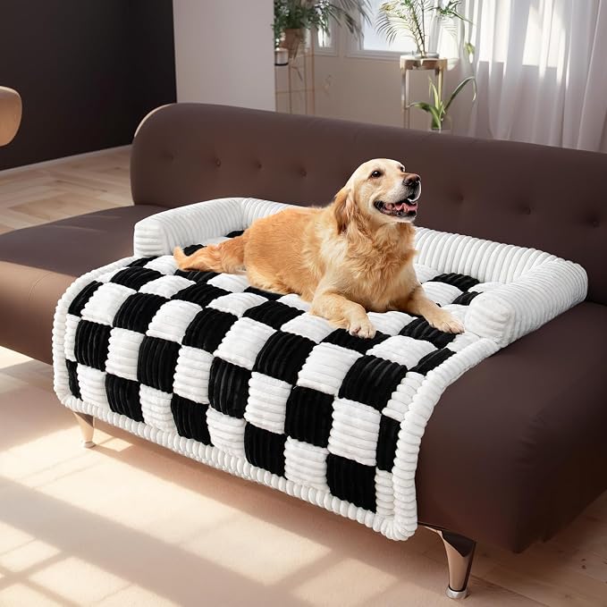 TOPCHANCES Dog Couch Cover, Thickened Quilted Plaid Fuzzy Pet Couch Covers, Washable Non Slip Pet Mat for Large Dogs (Black, 36x36 inch) by TOPCHANCES