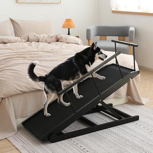 Dog Ramp for Bed and Couch- 5 Height Adjustable Premium Solid Wood Pet Ramp for Small, Medium Dogs, Collapsible Anti-Slip Dog Ramp for Sofa, Couch & Beds (Black, 115)