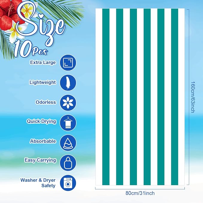 EBOOT 10 Pack Oversized Beach Towel Set Extra Large Pool Towels Microfiber Quick Dry Swim Blanket for Adult Women Men Face Hand Body Bath Travel Pool(Bright Color,31 x 63 Inch,Cabana Stripe) - Image 2