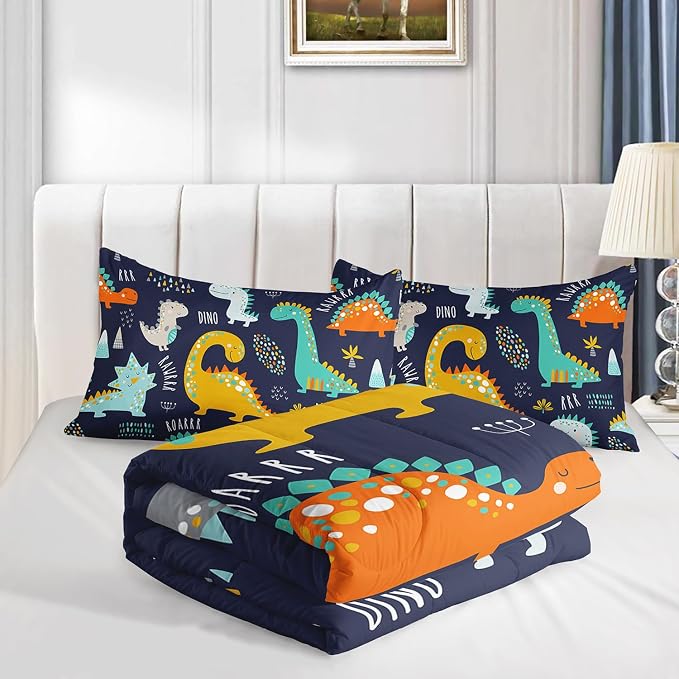Cartoon Dinosaur Comforter Set Dark Blue Printed Bedding Set with 1 Comforter and 2 Pillowcases for Boys and Girls Bedroom All Season(Dinosaur Full) - Image 4