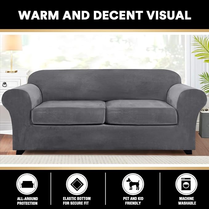 PrinceDeco Couch Cover Velvet Plush Sofa Covers for 2 Cushion Couch Width Up to 90 Inch Washable Furniture Protector Pet Friendly No Slip Sofa Slipcover(Medium-Large, Grey) - Image 6