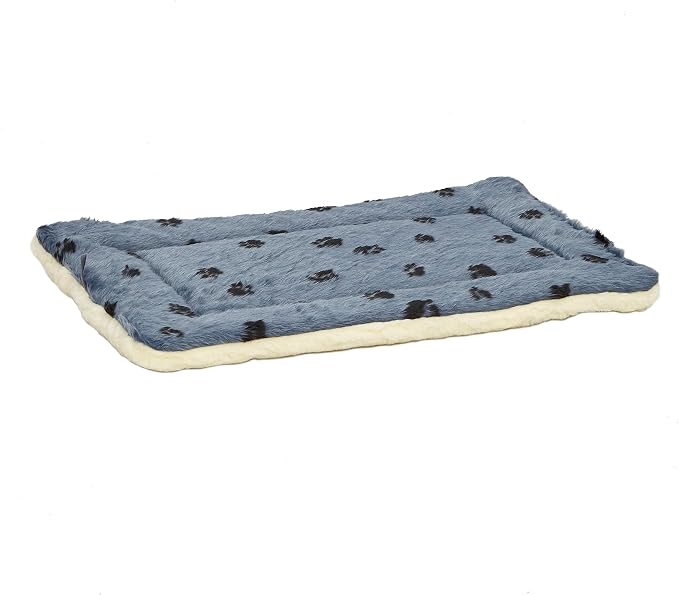 MidWest Homes for Pets QuietTime Reversible Paw Print Pet Bed, Soft Faux Fur & Fleece 30-Inch Crate Mat for Medium Dogs, Machine Washable, Blue and Cream - Image 2