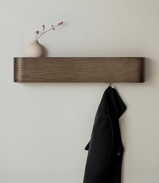 Kazai. Wall-Mounted Coat Rack 'Toke' - Modern Design Coat Rack with Hidden Wall Hooks - Solid Wood Veneer Panel Coat Hanger - Oak, Dark by KAZAI