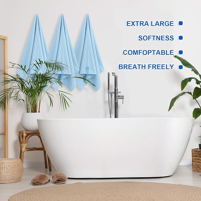 EBOOT 10 Pack Oversized Beach Towel Set Extra Large Pool Towels Microfiber Quick Dry Swim Blanket for Adult Women Men Face Hand Body Bath Travel Pool(Light Blue,31 x 63 Inch,Micro Stripe) - Image 5