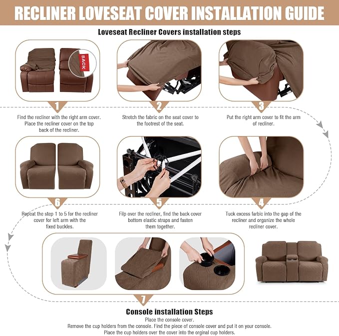 VANSOFY Stretch Recliner Loveseat Cover with Middle Console, Light Coffee | 4-Pieces, Soft Furniture Protector, Washable Slipcover with Pocket, Pets Sofa Cover, High Stretchy fabric Couch Cover - Image 6