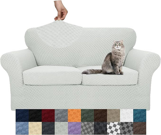 YEMYHOM Latest Checkered 3 Pieces Couch Covers for 2 Cushion Couch High Stretch Thickened Love Seat Sofa Cover for Dogs Pets Anti Slip Elastic Loveseat Slipcover Protector (Ivory), 55"-69"(2 CUSHIONS) by YEMYHOM