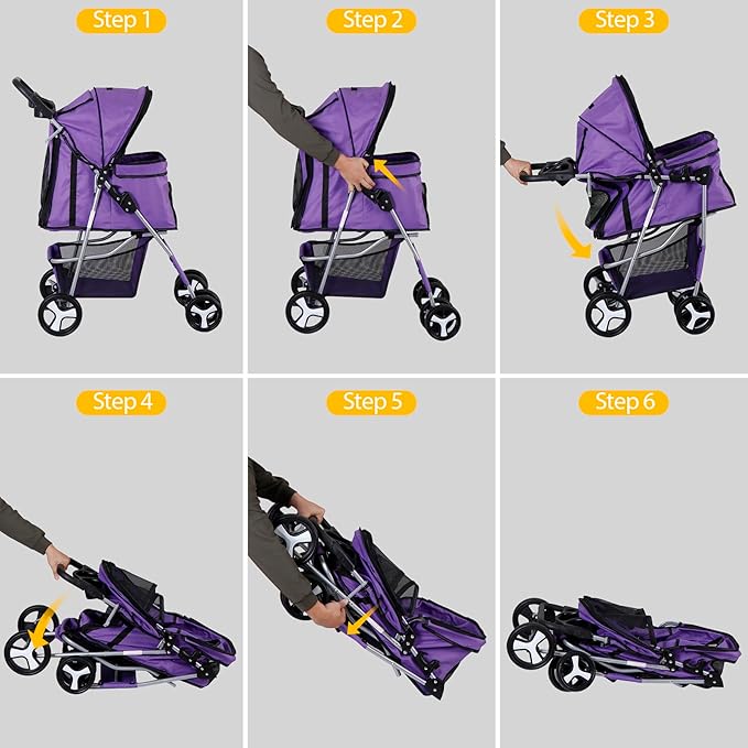 Pet Stroller 4 Wheels Dog Cat Stroller for Small Medium Dog Cats Carrier Jogger Travel Foldable Puppy with Storage Basket and Cup Holder (Purple)