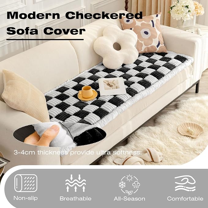 Fuzzy Couch Cover for Dog, Modern White Black Checkered Couch Cushion Cover | Non Slip Couch Cover for 2 Cushion Couch Sofa Pet Friendly, Washable Sofa Cover Durable Anti-pilling Furniture Protector - Image 4