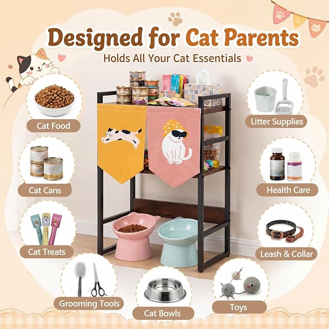 Geelin Cat Feeding Station with Storage, 3-Tier Cat Food Organizer Shelf, Elevated Feeding Area Fits Different Bowl Heights, Space Saving Pet Supply Rack with Decorative Flags(Not Include Bowls) - Image 4