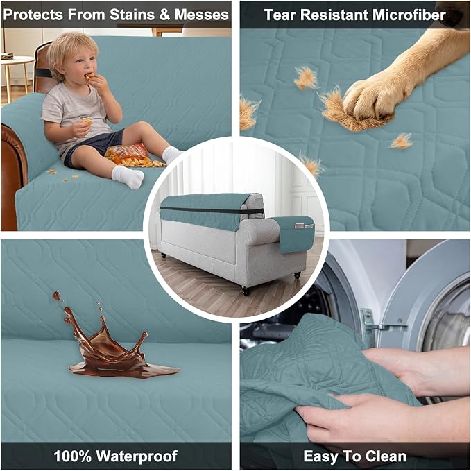 100% Waterproof Quilted Couch Cover,Straps&Pockets,78" Grayishblue | Washable sofa cover, pet-friendly, scratch-resistant furniture protector, quilted sofa cover, reversible, non-slip backing. - Image 3