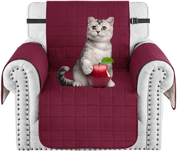 MAXIJIN Waterproof Chair Cover Slipcovers for Pets Dogs, 23.5" Quilted Armchair Sofa Cover Washable Dog Couch Covers Protector with Elastic Strap & Side Pocket (Chair, Wine Red) by MAXIJIN