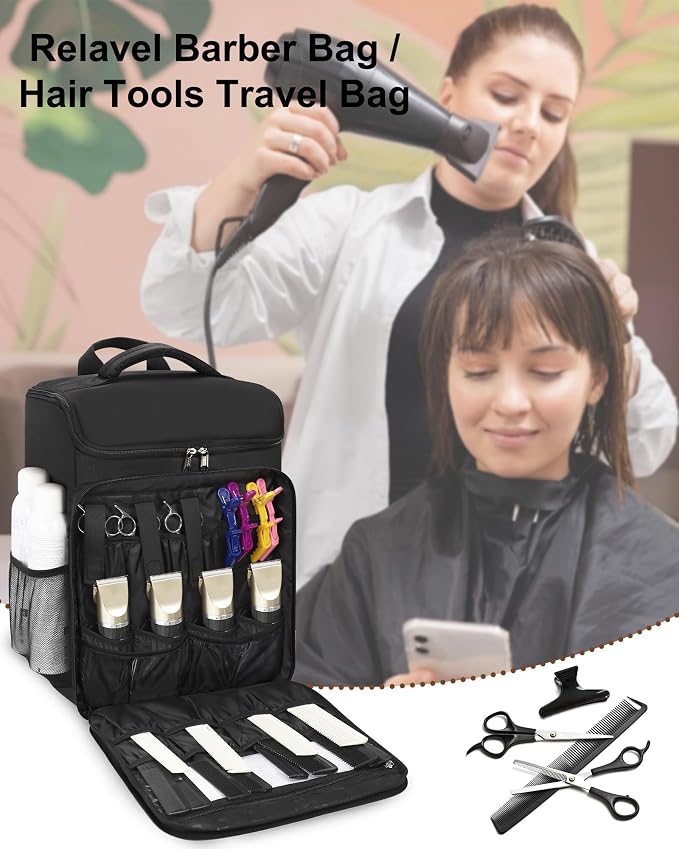 Relavel Barber Bag, Hair Tools Travel Bag, Barber Cases for Clippers and Supplies, Hairstylist Backpack Hairdresser Cosmetology Case for Hair Cutting Tools, Hair Salon Hairdresser Must Haves, Black - Image 2