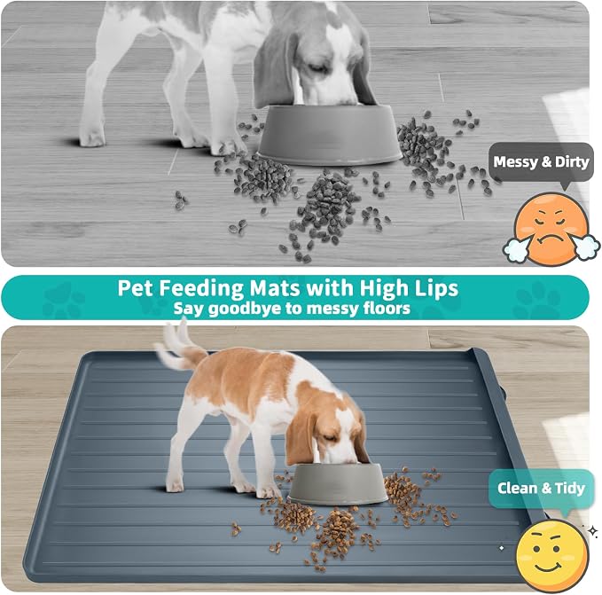 Dog mat for Food and Water - 39.4" x 27" Thickened Large Dog Food Mat | Waterproof Pet Bowl Mat with Residue Collection Pocket and High Edges to Prevent Water and Food Spills - Dark Grey - Image 3
