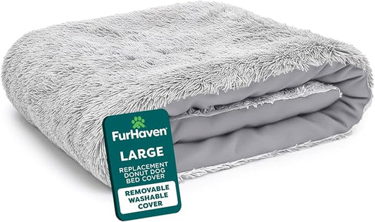 FurHaven Replacement Dog Bed Cover, Long Faux Fur for Calming Cuddlers, Machine Washable, Customizable Filling, Large, Faux Fur, Misty Gray by FurHaven