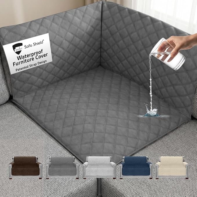 Sofa Shield 100% Waterproof Couch Cover with Patented Straps, Slip & Stain Resistant, Machine Washable Sofa Slipcover for Dogs Cats Pets Kids, 30x30 inch Seat, Sectional Corner, Dark Gray by SofaShield