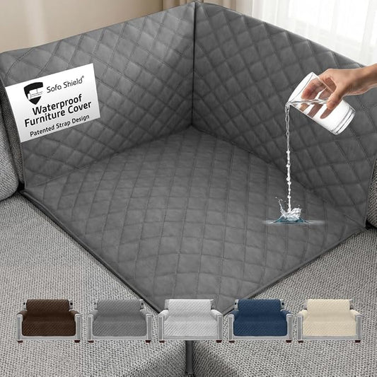 Sofa Shield 100% Waterproof Couch Cover with Patented Straps, Slip & Stain Resistant, Machine Washable Sofa Slipcover for Dogs Cats Pets Kids, 30x30 inch Seat, Sectional Corner, Dark Gray by SofaShield