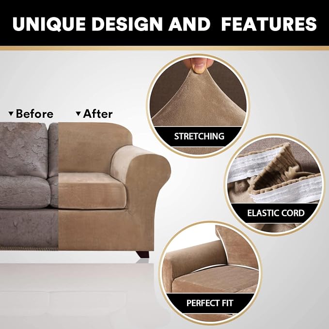 PrinceDeco Velvet XL Couch Cover for Oversized Sofa 4 Piece Sofa Covers for 3 Cushion Couch Washable Furniture Protector with Non Slip Elastic Bottom Width Up to 105 Inch(X-Large, Camel) - Image 3