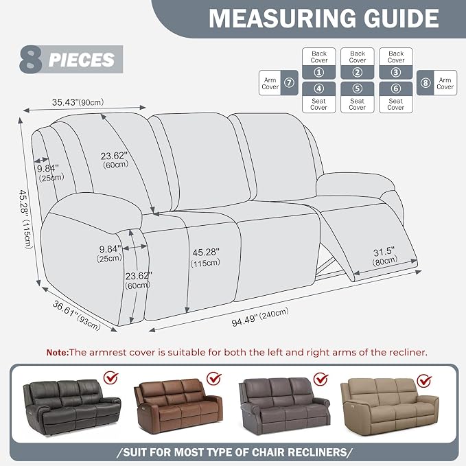 vctops Diamond Recliner Sofa Covers 8-Pieces Stretch Large Couch Covers for 3 Seats Reclining Slipcovers Soft Solid Furniture Protector (Light Grey,3 Seat) - Image 2