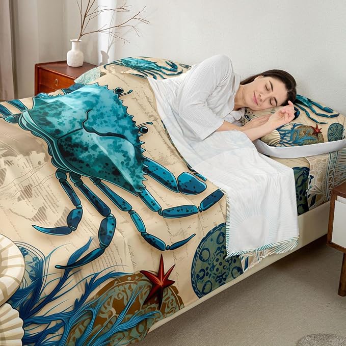Beach Theme Bedding Set Kids Beach Crabs Print Full 4 Piece Sheet Set 3D Crab Luxury Microfiber Bed Sheets Set (1 Fitted Sheet, 1 Flat Sheet, 2 Pillowcases)Soft Cute Marine Life Decorative Bedding - Image 6