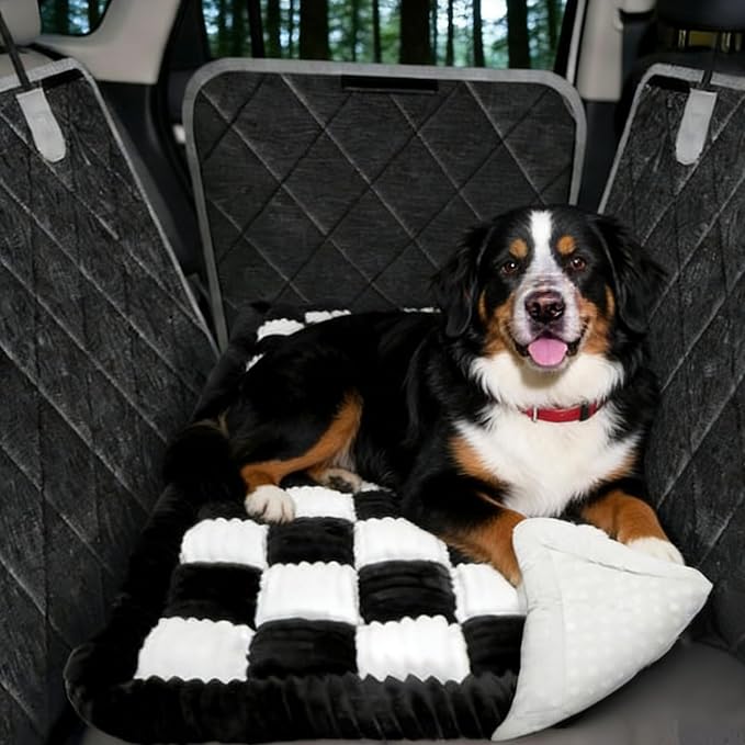 Dog Car Seat Cover for Back Seat, Black-White Flannel Pet Bed Mat, Non-Slip Waterproof Bottom, Washable Dog Bed & Seat Protector for Cars SUVs Trucks, Fits Backseat Extenders by ZHAOGIEBOND