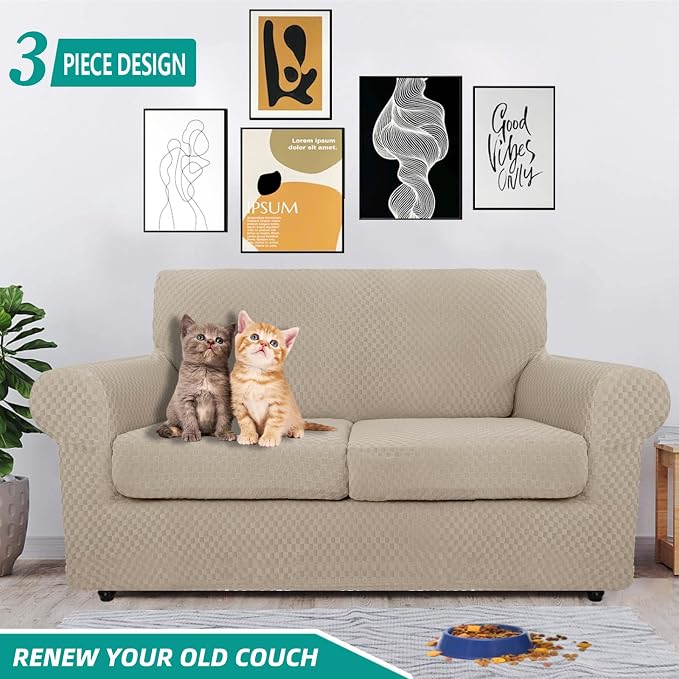 YEMYHOM Latest Checkered 3 Pieces Couch Covers for 2 Cushion Couch High Stretch Thickened Love Seat Sofa Cover for Dogs Pets Anti Slip Elastic Loveseat Slipcover Protector (Khaki), 55"-69"(2 CUSHIONS) - Image 2