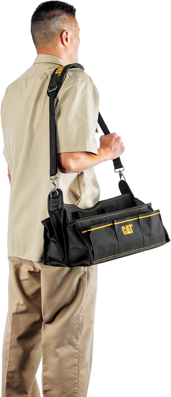 Cat 17-Inch Tech Tool Tote Bag with 20 Pockets, 2 Storage Bins for Small Parts, Dual Compartments, Shoulder Strap, and Hi-Vis Interior – Heavy-Duty 1200D Polyester - 240045 - Image 5