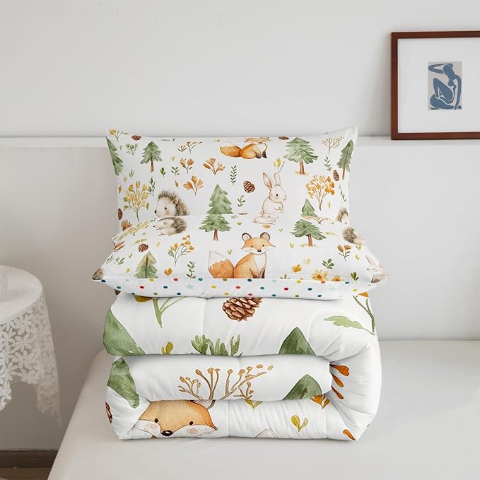 Manfei Cartoon Animals Comforter Set Full Size,Cute Fox Rabbit Hedgehog Bedding Set Kids Boys Men Room Decor,Watercolor Flower Tree Pine Cone Down Comforter Soft Duvet Insert,2 Pillowcases - Image 5