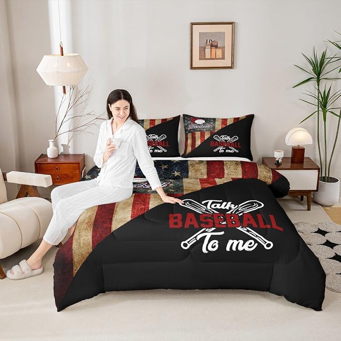 Baseball Boys Comforter Set Full Size,American USA Flag Retro Bedding Set,Kids Girls Adults Bedroom Decor,Baseball Bats Sport Games Down Comforter,Black Splicing Duvet Insert,3pcs,2 Pillowcases by Homewish