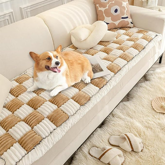 Fluffy Plaid Couch Cover for Pets - Large Cream-Coloured Fuzzy Pet Mat Bed Protector, Sofa Pad, Bay Window Cushion, Bedside Carpet (Khaki, 23.6 * 70.9in) by Triflice