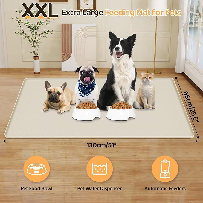 Dog Food Mat 51''x25.6'' Extra Large Dog Mat for Food and Water,Beige | Silicone Dog Bowl Mat with Raised Edge, Waterproof Non-Slip Pet Feeding Mat for Floors, fit for Dog Cat Bowls - Image 2